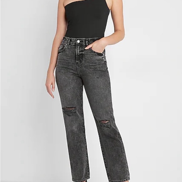 Express Ladies High Waisted Black Ripped Straight Ankle Jeans NWT Size 0R - Picture 2 of 6